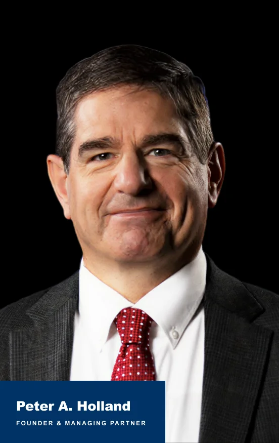 Professional portrait of a middle-aged man in a dark suit, white shirt, and red patterned tie, with text identifying him as Peter A. Holland, Founder & Managing Partner.