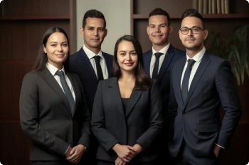Group of five professionally dressed businesspeople posing indoors against wooden shelves.